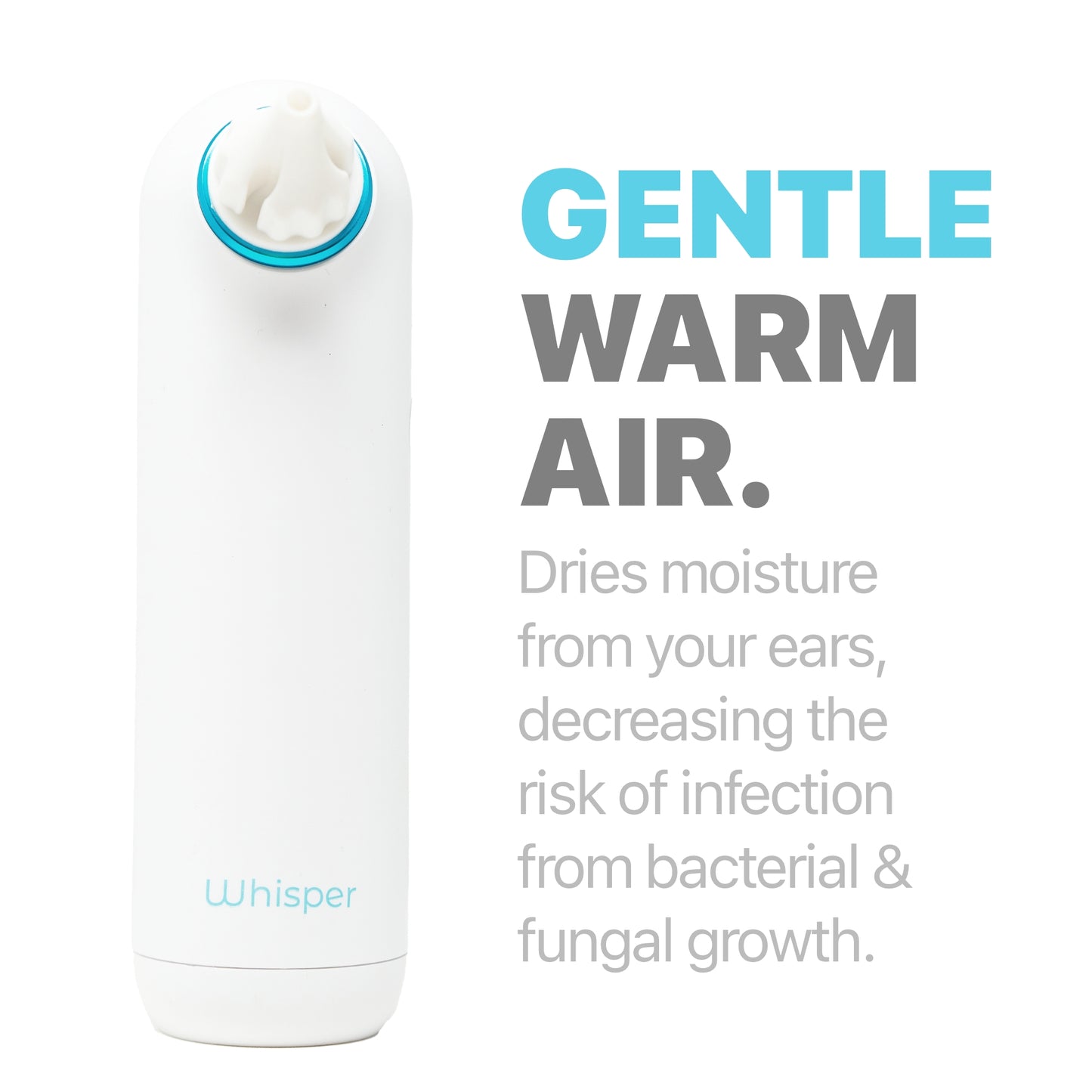 Whisper Ear Dryer description of gentle warm air that dries water from ears.