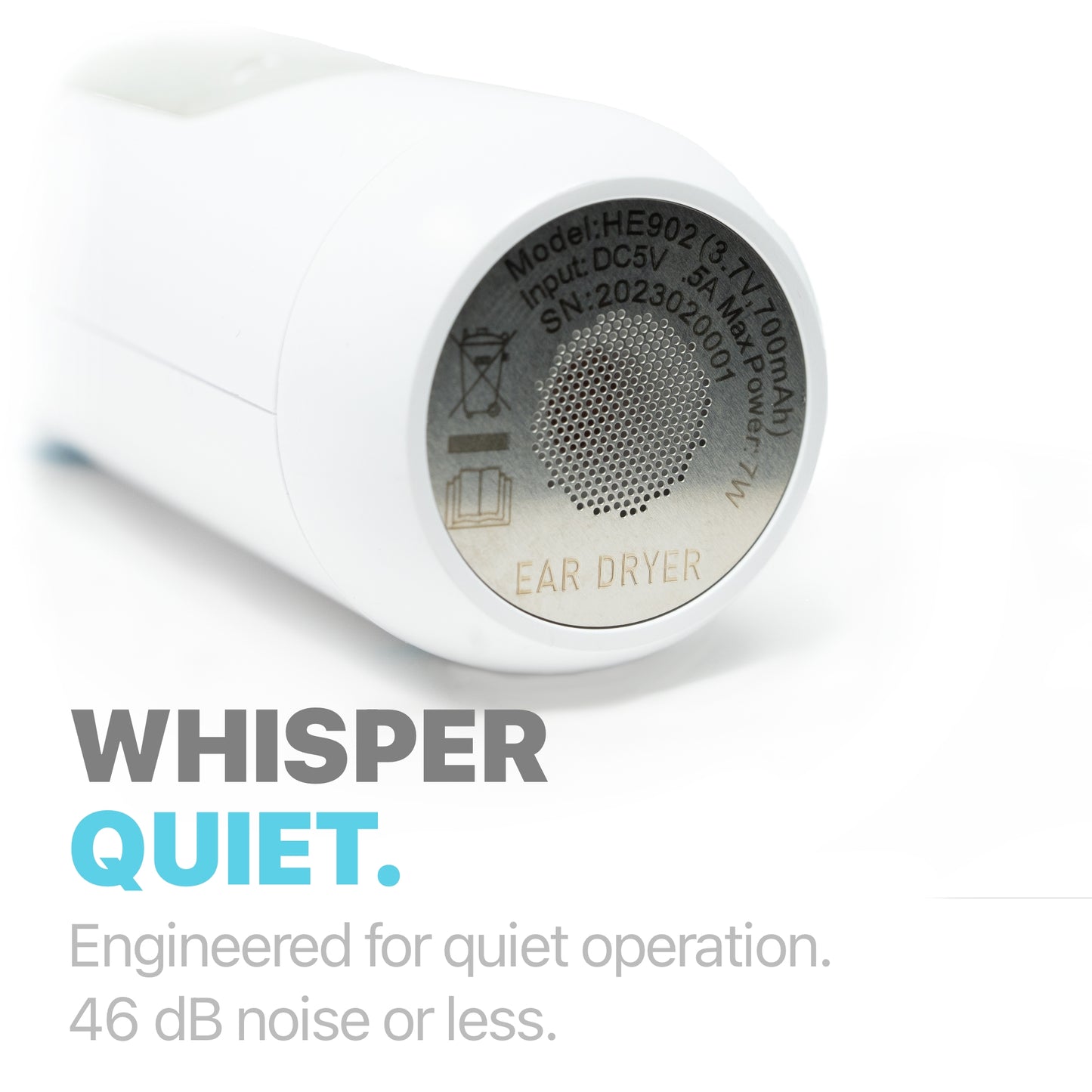 Whisper ear dryer is engineered to be quiet while drying ears.