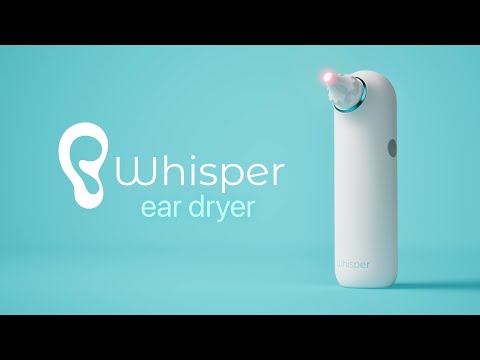 Whisper Ear Dryer video highlighting features like red light therapy and rechargeable battery. 